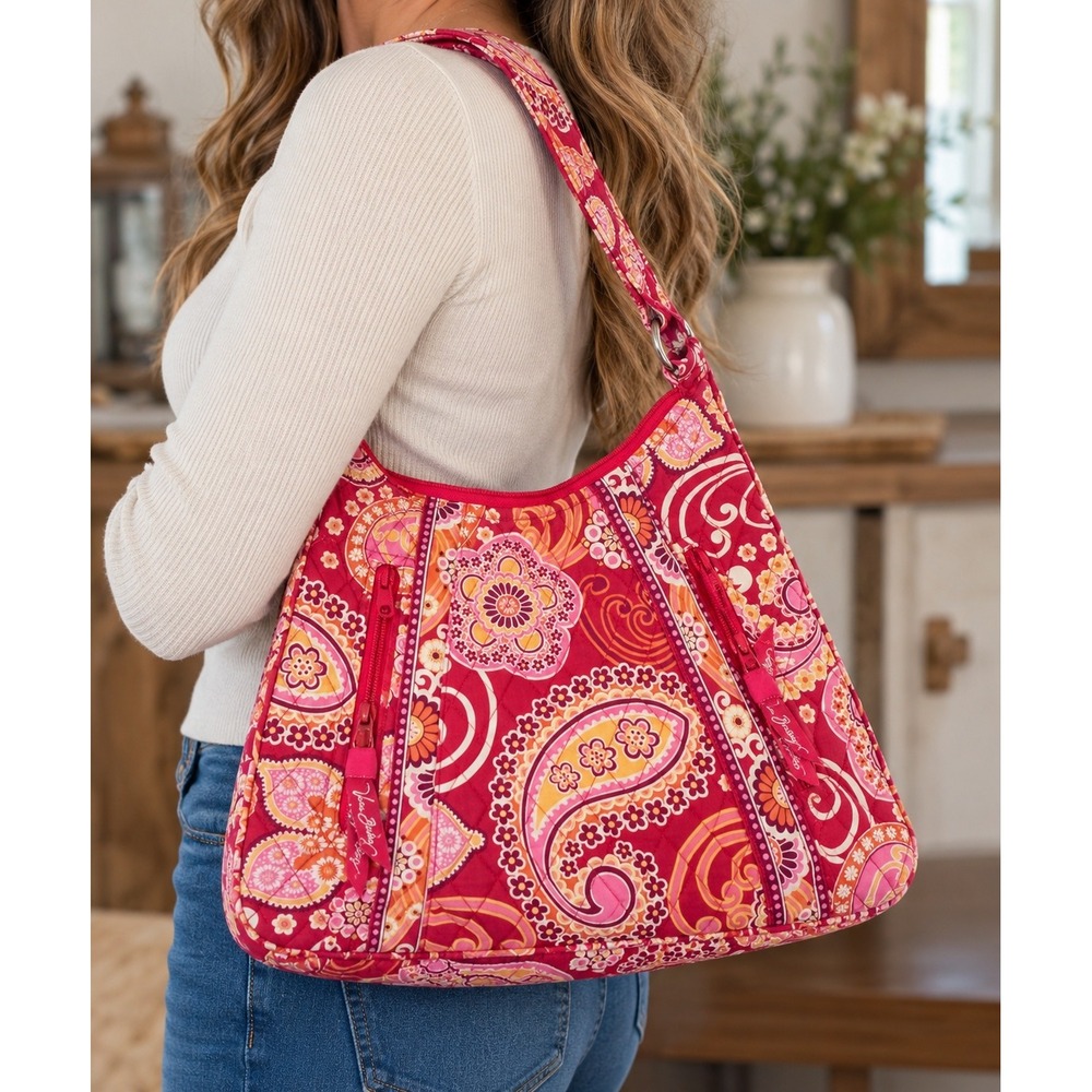 Vera Bradley Rosy Posies On The Go Quilted Cotton Hobo Crossbody Bag Pink Orange